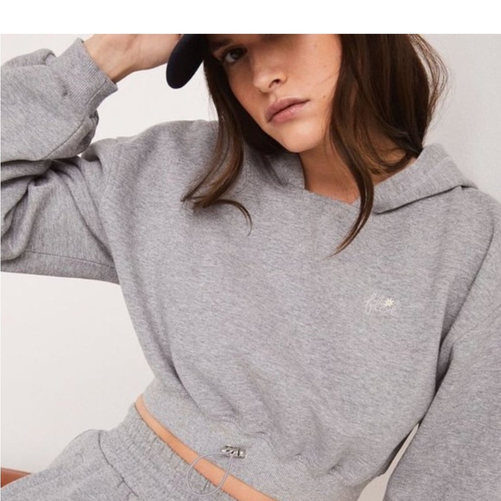 For Love & Lemons Josie Cropped Hooded Sweatshirt Gray size L